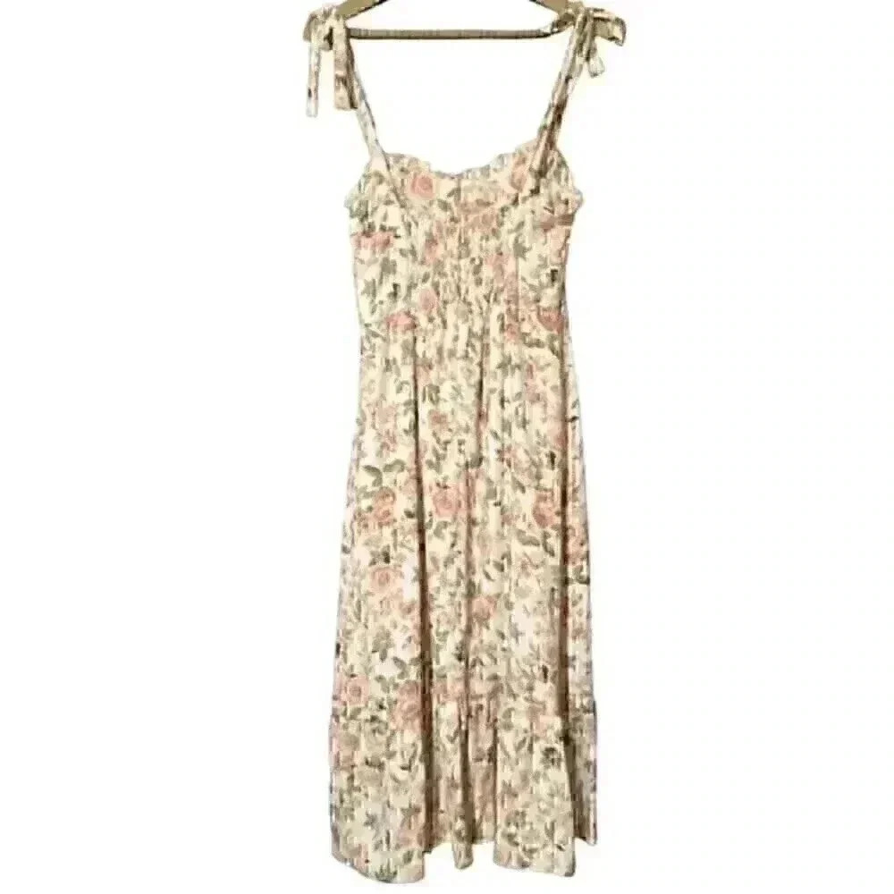 O.P.T. L Cream Floral Midi Dress Coquette Cottagecore Wedding Guest Garden Party - Picture 3 of 9